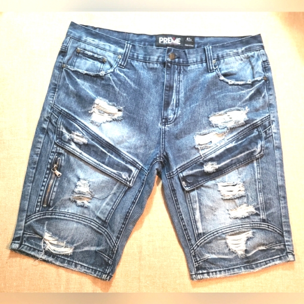 PREME Shorts - Distressed Denim With Cargo Pockets Faded Blue Size 42